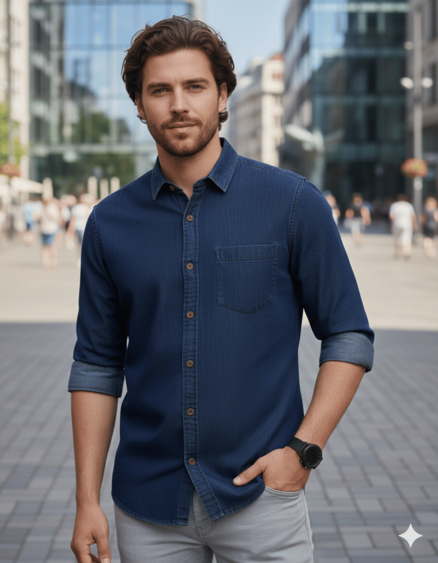 GLORISTAR Denim Regular Fit Solids Half Sleeves Men's Casual Shirt - Dark Blue ( Pack of 1 )