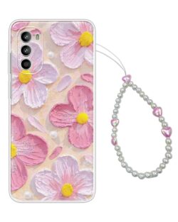 COBERTA Printed Back Cover for Motorola Moto G52 Back Cover Case with Phone Charm Chain Strap Beads & Pearls for Girls Stylish - Beach Pink Floral Charms - D16689