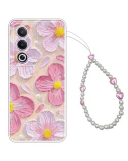 COBERTA Printed Back Cover for Oppo A3 Pro Back Cover Case with Phone Charm Chain Strap Beads & Pearls for Girls Stylish - Beach Pink Floral Charms - D16689
