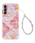 COBERTA Printed Back Cover for Samsung Galaxy A14 Back Cover Case with Phone Charm Chain Strap Beads & Pearls for Girls Stylish - Beach Pink Floral Charms - D16689
