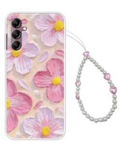COBERTA Printed Back Cover for Samsung Galaxy A14 Back Cover Case with Phone Charm Chain Strap Beads & Pearls for Girls Stylish - Beach Pink Floral Charms - D16689