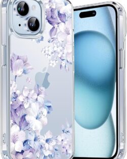 Elzzi Clear Transparent Flower Cover for iPhone 15 Case Shockproof Floral Design Full Camera Protection Shockproof PC+TPU Cover Clear Transparent Flower Case for Girls & Women...