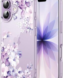 Elzzi Clear Transparent Flower Cover for iPhone 17 Case Shockproof Floral Design Full Camera Protection Shockproof PC+TPU Transparent Cover for Girls & Women (Purple)