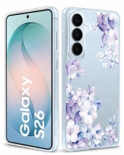 Elzzi Clear Transparent Flower Cover for Samsung S26 5g Case Shockproof Floral Design Camera Protection Shockproof PC+TPU Transparent Flower Cover for Girls & Women (Purple)