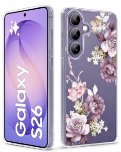 Elzzi Clear Transparent Flower Cover for Samsung S26 5g Case Shockproof Floral Design Camera Protection Shockproof PC+TPU Transparent Flower Cover for Girls & Women (Deep Purple)