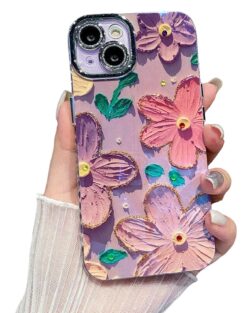 Elzzi Compatible with iPhone 14 Case 3D Laser Flower Oil Painting Cute Colorful Blue Ray Bumper with Full Camera Protection Shockproof PC+TPU Glossy Shiny Cover for Girls Women,...