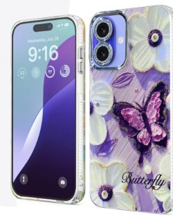 Elzzi Compatible with iPhone 16 Case 3D Laser Flower Oil Painting Cute Colorful Blue Ray Bumper with Full Camera Protection Shockproof PC+TPU Glossy Shiny Cover for Girls Women,...