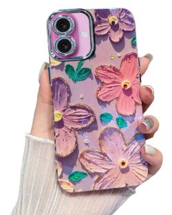 Elzzi Compatible with iPhone 16 Case 3D Laser Flower Oil Painting Cute Colorful Blue Ray Bumper with Full Camera Protection Shockproof PC+TPU Glossy Shiny Cover for Girls Women,...