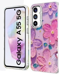 Elzzi Compatible with Samsung A55 5g Case Laser Flower Oil Painting Cute Colorful Blue Ray Bumper with Full Camera Protection Shockproof PC+TPU Glossy Shiny Cover for Girls...