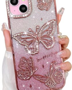 Elzzi Electroplated Butterfly Phone Cover for iPhone 15 Case, Showcasing Pearlescent Diamond Soft TPU, Camera Protection, Shockproof, Dropresistant Stylish for Girls & Women (Pink)