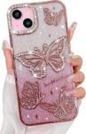 Elzzi Electroplated Butterfly Phone Cover for iPhone 15 Case, Showcasing Pearlescent Diamond Soft TPU, Camera Protection, Shockproof, Dropresistant Stylish for Girls & Women (Pink)