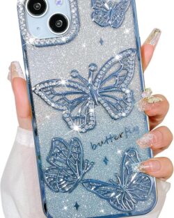 Elzzi Electroplated Butterfly Phone Cover for iPhone 15 Case, Showcasing Pearlescent Diamond Soft TPU, Camera Protection, Shockproof, Dropresistant Stylish for Girls & Women (Blue)