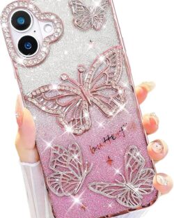 Elzzi Electroplated Butterfly Phone Cover for iPhone 16 Case, Showcasing Pearlescent Diamond Soft TPU, Camera Protection, Shockproof, Dropresistant Stylish for Girls & Women (Pink)