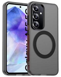 Elzzi Magnetic Case for Samsung Galaxy A55 5G Cover, Compatible with MagSafe Slim Fit Shockproof Translucent Matte Hard Back Cover with Protective Bumper for Men & Women (Black)