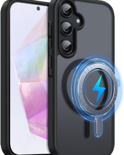Elzzi Magnetic Guard Designed for Samsung A55 5G Case Translucent Matte Hard PC + TPU Back Cover [Compatible with MagSafe] Anti-Scratch Phone Case (Black)