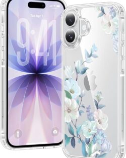Elzzi Transparent Flower Cover for iPhone 17 Case Shockproof Floral Design Full Camera Protection Shockproof PC+TPU Covers for Girls & Women (Blue)