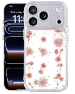 Enflamo Clear Silicone Case Glitter Floral Back Cover for iPhone 17 Pro Max | with Pressed Dry Real Flowers (Pink)