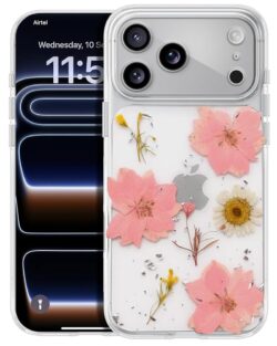 Enflamo Clear Silicone Case Glitter Floral Back Cover for iPhone 17 Pro Max | with Pressed Dry Real Flowers (Rose Pink)