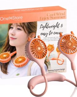 One94Store Rechargeable Neck Fan (Pink) | 1200mAh Battery, USB Powered Hands-Free Hanging Fan | Single Speed Dual Fan | Portable Personal Cooling Fan for Travel, Office &...