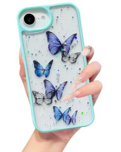 VONZEE Clear Glitter Butterfly Case for iPhone 16e/17e Cover | Cute Bling Sparkle Transparent Soft TPU Bumper | Shockproof Slim Protective Back Cover for Girls & Women (Mint Green)