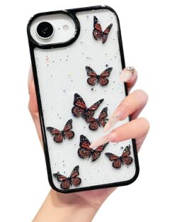 VONZEE Clear Glitter Butterfly Case for iPhone 16e / 17e | Cute Bling Sparkle Transparent Soft TPU Bumper | Shockproof Slim Protective Back Cover for Girls & Women (Black)