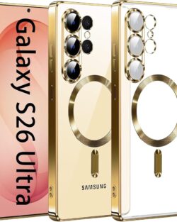 VONZEE Clear Logo Electroplating Transparent Case for Samsung Galaxy S26 Ultra 5G, Magnetic Plating [Support for MagSafe Charger] Electroplate TPU Cover- Gold