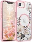 VONZEE Compatible with iPhone 17e/iPhone 16e/SE4 Case, Luxury Retro Flowers Floral Clear Magnetic Wireless Charging PC+TPU Cute Glossy Shiny Cover for Girls Women, Pink