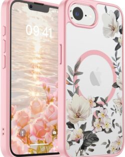 VONZEE Compatible with iPhone 17e/iPhone 16e/SE4 Case, Luxury Retro Flowers Floral Clear Magnetic Wireless Charging PC+TPU Cute Glossy Shiny Cover for Girls Women, Pink