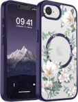 VONZEE® Compatible with iPhone 17e/ iPhone 16e/SE4, Luxury Retro Flowers Floral Clear for Magnetic Wireless Charging Case Shockproof PC+TPU Cute Glossy Shiny Cover for Girls...