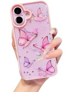VONZEE Glitter Butterfly Back Cover Case Compatible with iPhone 17, Clear Cute Bling Sparkle Shiny Soft TPU Bumper Shockproof Women Girls Slim Protective Phone Cover for iPhone...