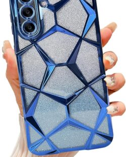 VONZEE Gradient Glitter Case for Samsung A36, Luxury Electroplated 3D Cube, Diamond Bling Shiny Soft TPU Clear Shockproof Women Girls Protective Phone Cover (Blue)
