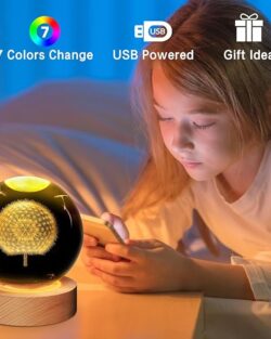 3D Galaxy Crystal Ball Night Light With Wooden Base (Dandelion)