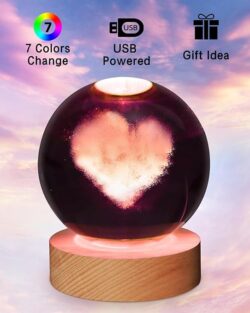 3D Heart Crystal Ball Night Light With Wooden Base