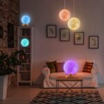 3D Printed Moon Lamp With Wooden Base & Touch Control (15 Cm, Multicolor)