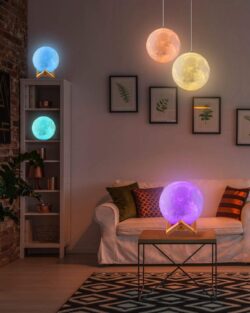 3D Printed Moon Lamp With Wooden Base & Touch Control (15 Cm, Multicolor)