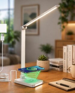 LED Aluminum Desk Lamp with QI Wireless Charging - White