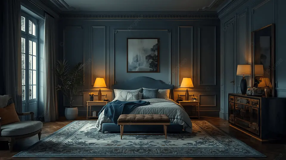 pngtree elegant bedroom with blue walls classic furniture and warm ambient lighting image 20281892