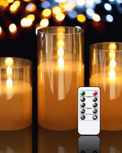 Glass Battery Operated Flameless Led Candles With Remote (Set of 3, Gold)