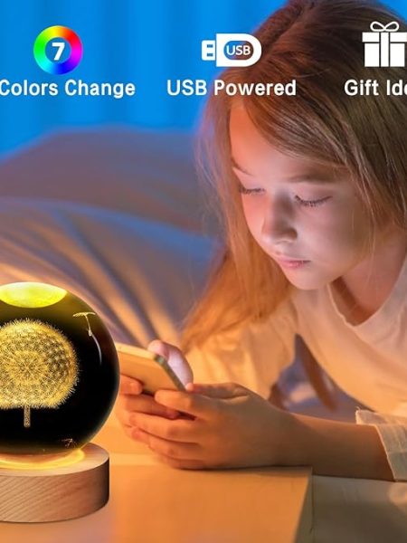 3D Galaxy Crystal Ball Night Light With Wooden Base (Dandelion)