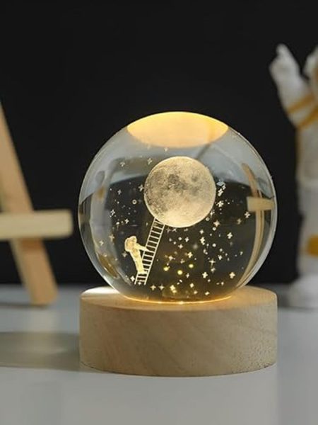 3D Galaxy Crystal Ball Night Light With Wooden Base (Moon Climb)