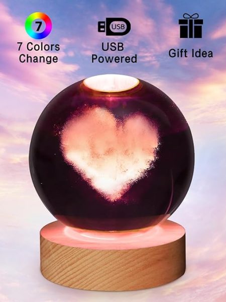 3D Heart Crystal Ball Night Light With Wooden Base