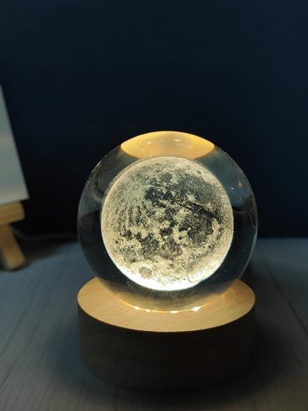 3D Moon Crystal Ball Night Light With Wooden Base