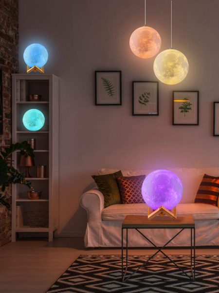 3D Printed Moon Lamp With Wooden Base & Touch Control (15 Cm, Multicolor)