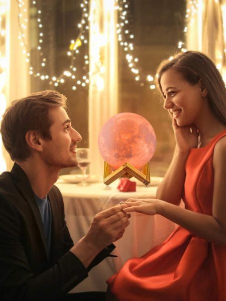 3D Printed Touch Control Moon Lamp With Wooden Stand - 15 cm (Red)
