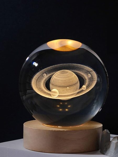 3D Saturn Crystal Ball Night Light With Wooden Base