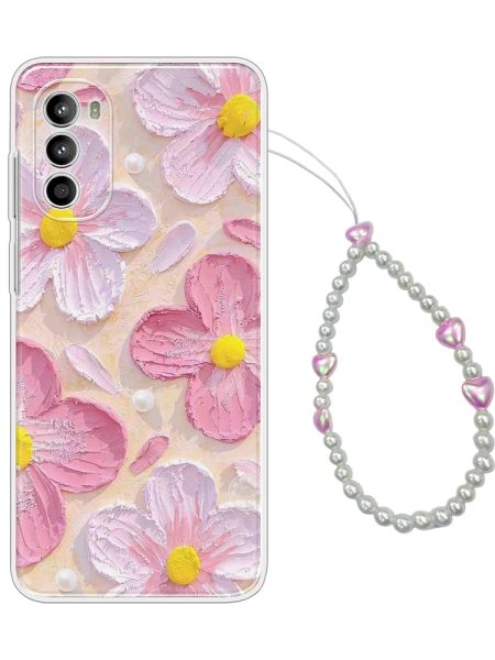COBERTA Printed Back Cover for Motorola Moto G52 Back Cover Case with Phone Charm Chain Strap Beads & Pearls for Girls Stylish - Beach Pink Floral Charms - D16689