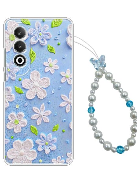 COBERTA Printed Back Cover for OnePlus Nord 5 5G Back Cover Case with Phone Charm Chain Strap Beads & Pearls for Girls Stylish - Trendy Blue Floral Beach and Butterfly Phone...