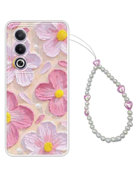 COBERTA Printed Back Cover for Oppo A3 Pro Back Cover Case with Phone Charm Chain Strap Beads & Pearls for Girls Stylish - Beach Pink Floral Charms - D16689