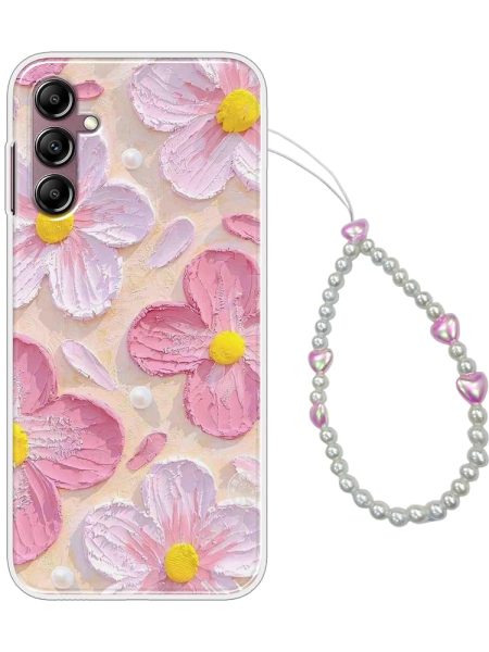 COBERTA Printed Back Cover for Samsung Galaxy A14 Back Cover Case with Phone Charm Chain Strap Beads & Pearls for Girls Stylish - Beach Pink Floral Charms - D16689