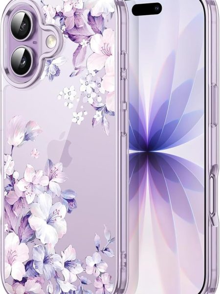 Elzzi Clear Transparent Flower Cover for iPhone 17 Case Shockproof Floral Design Full Camera Protection Shockproof PC+TPU Transparent Cover for Girls & Women (Purple)